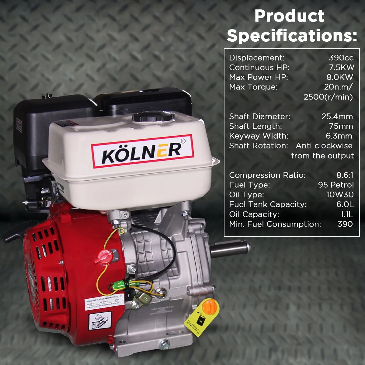 13HP 390cc 4-Stroke Petrol Engine, Recoil Start - Kolner