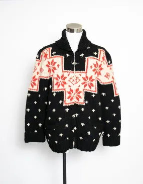 1960s Sweater Snowflake Cardigan Black Wool Knit Large