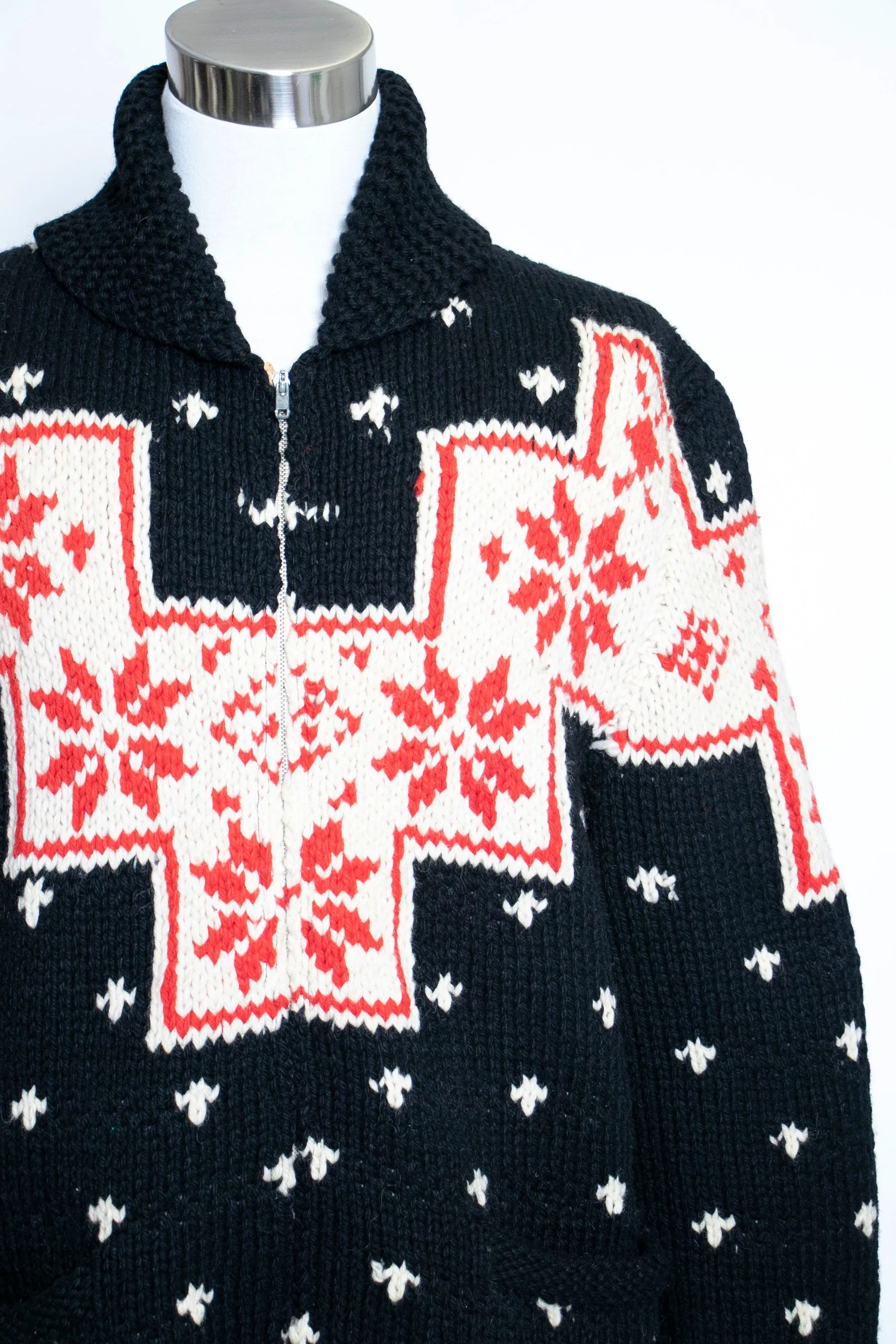 1960s Sweater Snowflake Cardigan Black Wool Knit Large