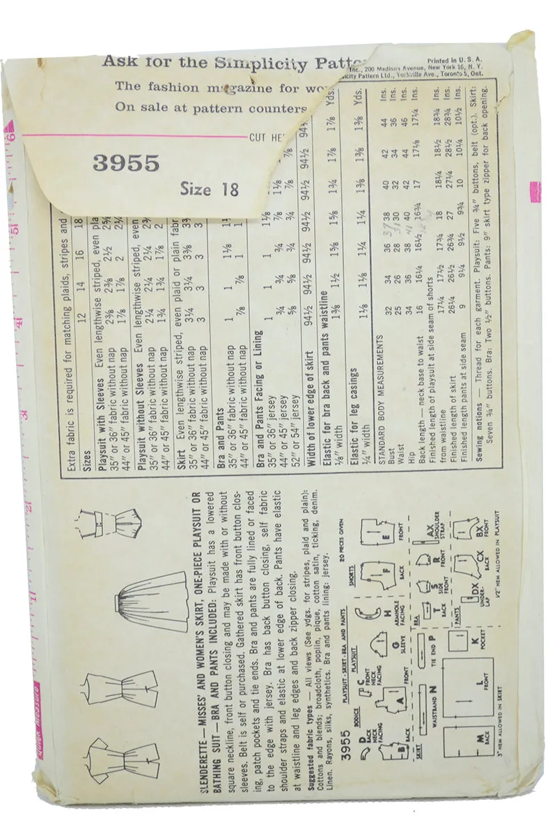 1961 vintage Simplicity 3955 Playsuit Swimsuit Skirt Sewing Pattern