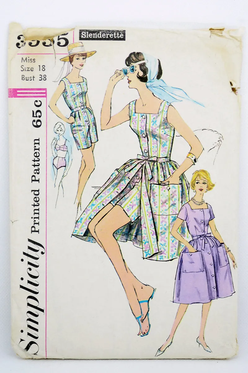 1961 vintage Simplicity 3955 Playsuit Swimsuit Skirt Sewing Pattern