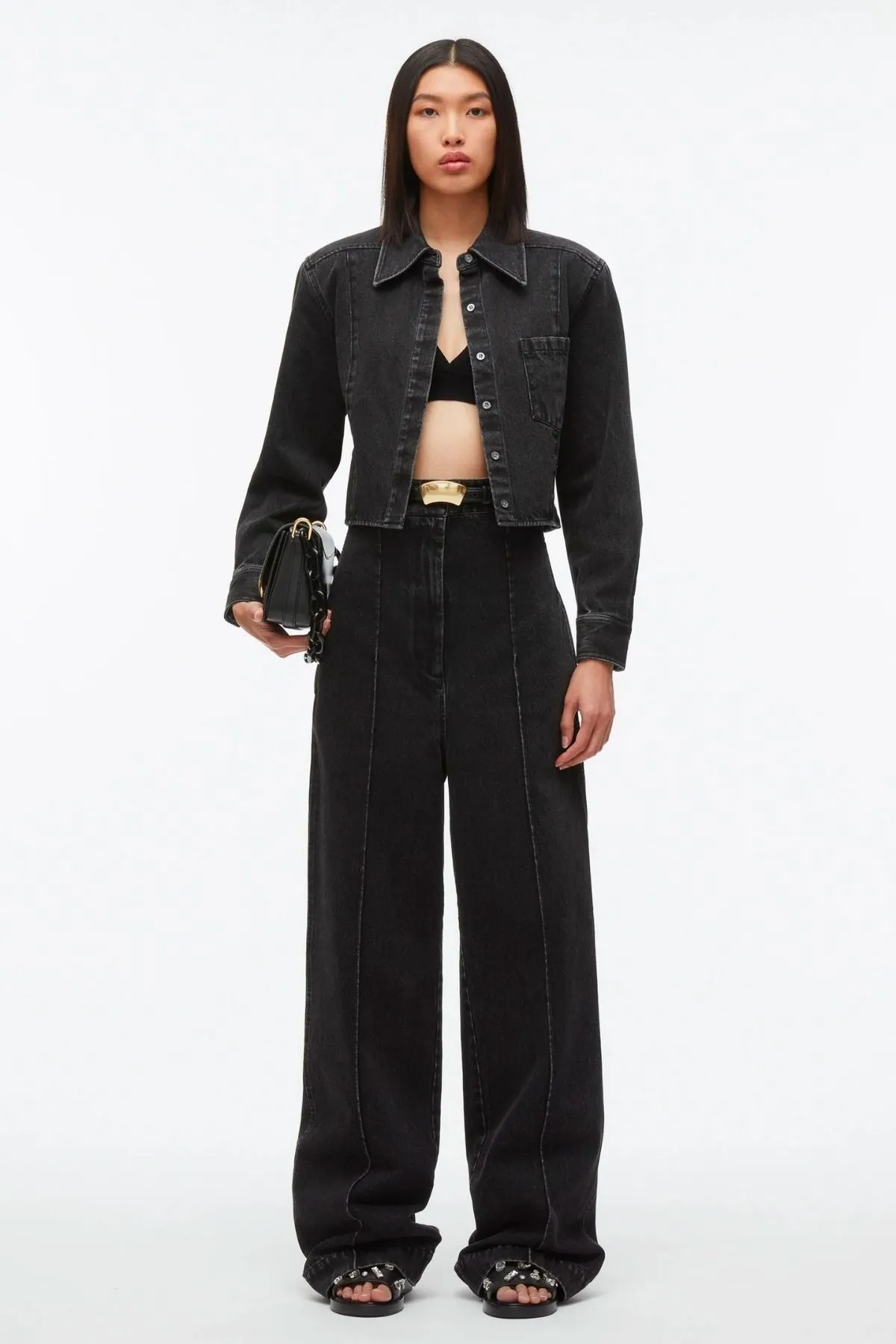 3.1 Phillip Lim Denim Cropped Shirt with Shoulder Pads - Washed Black