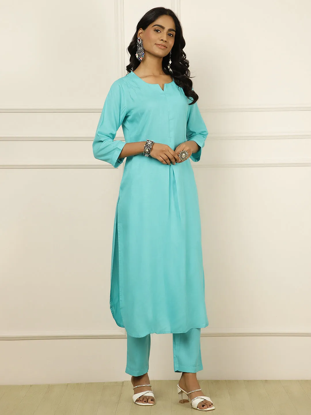 Aqua Pleated Straight Kurta With Pants