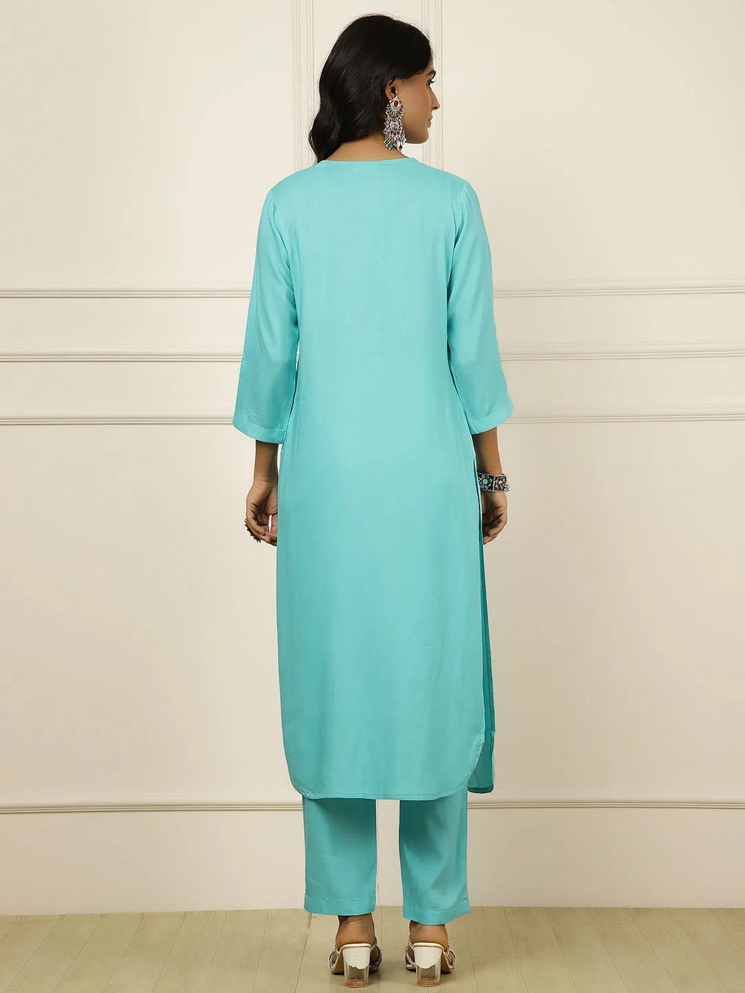 Aqua Pleated Straight Kurta With Pants