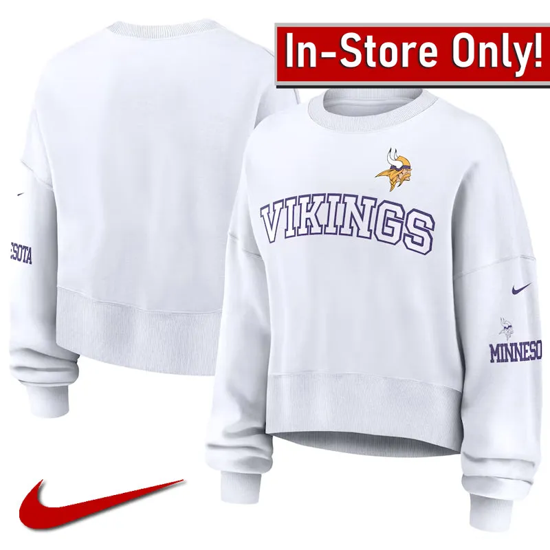 AVAILABLE IN-STORE ONLY! Minnesota Vikings Nike Women's White Oversized Long Sleeve Cropped Sweatshirt