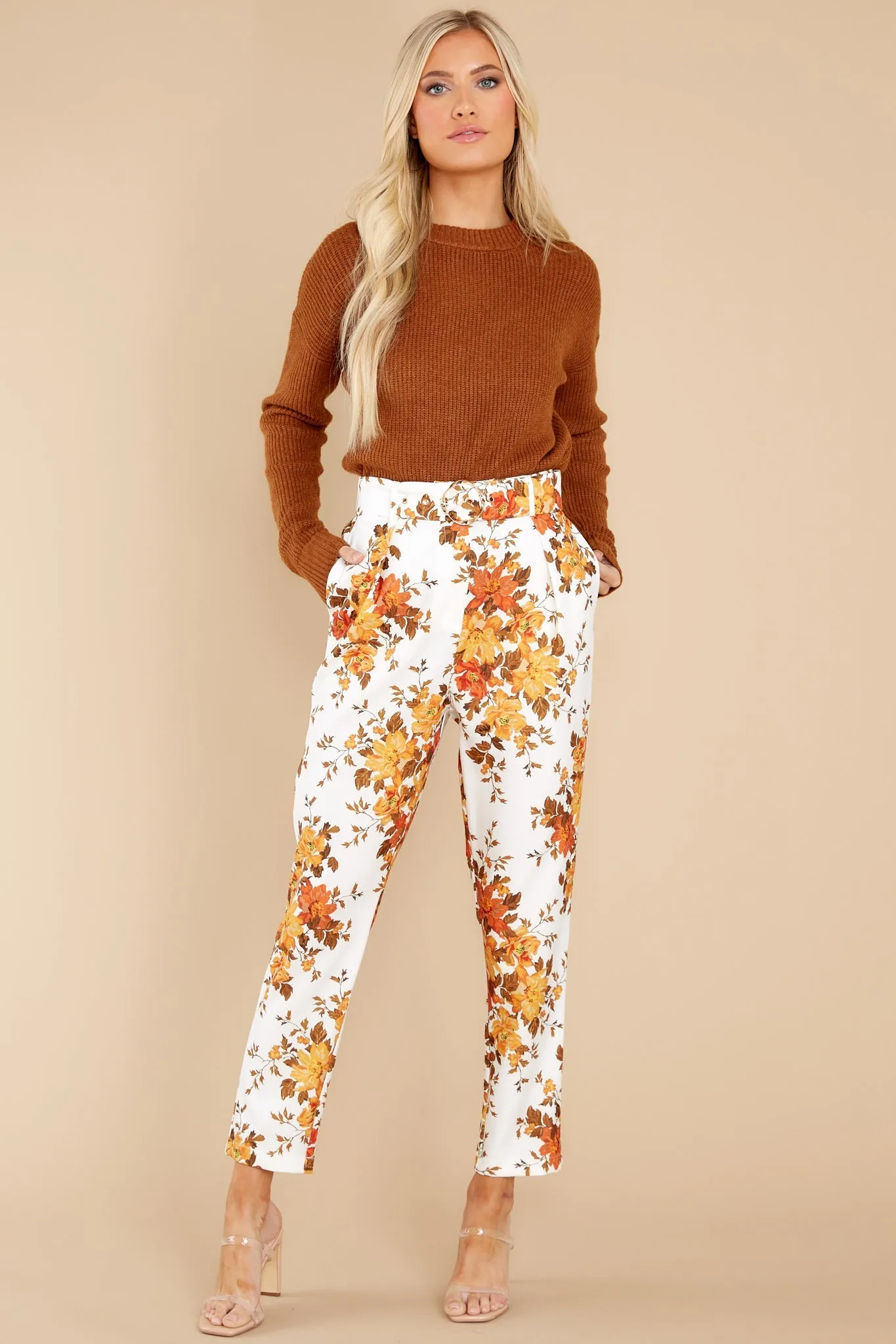 Away She Goes Ivory Floral Print Pants