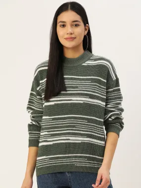 Berrylush Women Green & White Striped Pattern Round Neck Drop-Shoulder Sleeves Acrylic Ribbed Hem Regular Sweater