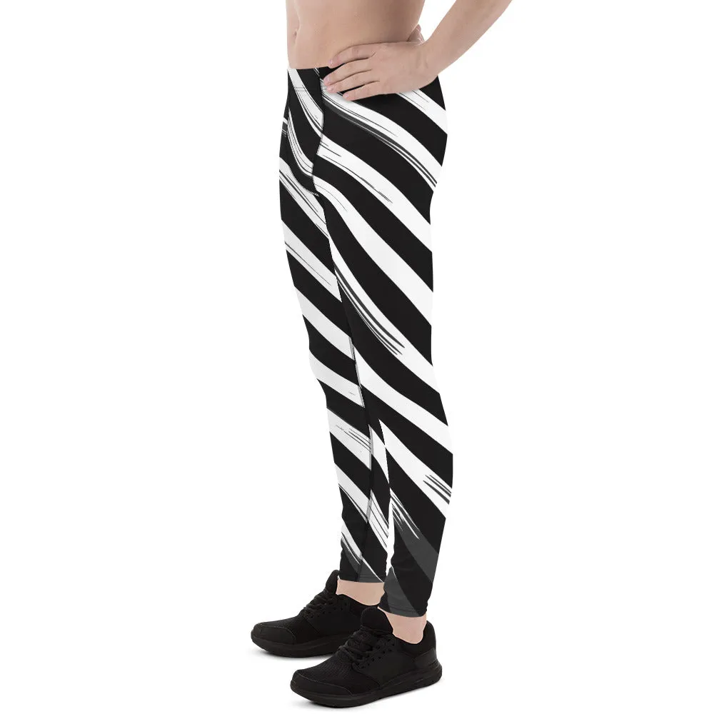 Black Abstract Striped Meggings, Diagonal Stripes Men's Leggings For Men - Made in USA/EU/MX