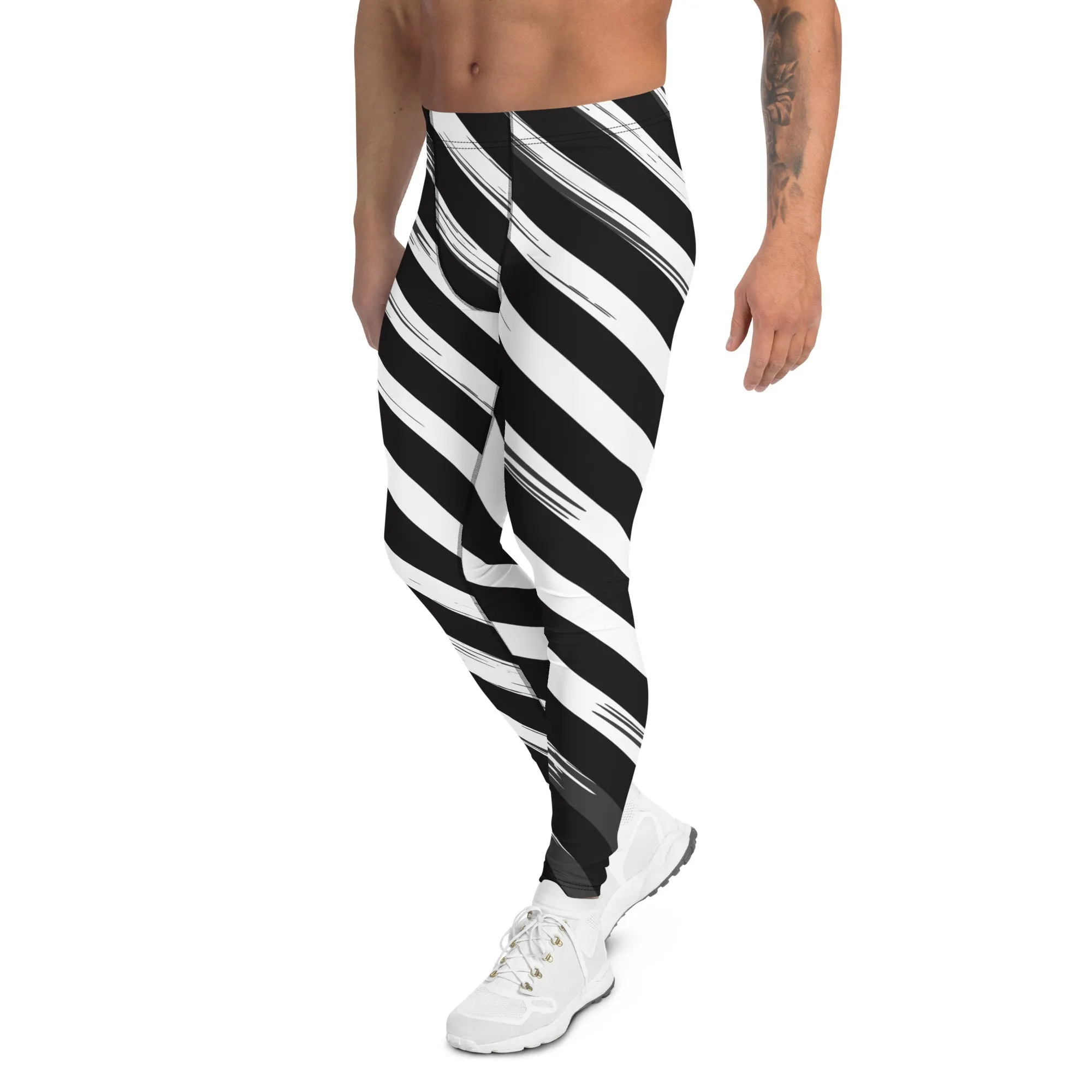 Black Abstract Striped Meggings, Diagonal Stripes Men's Leggings For Men - Made in USA/EU/MX