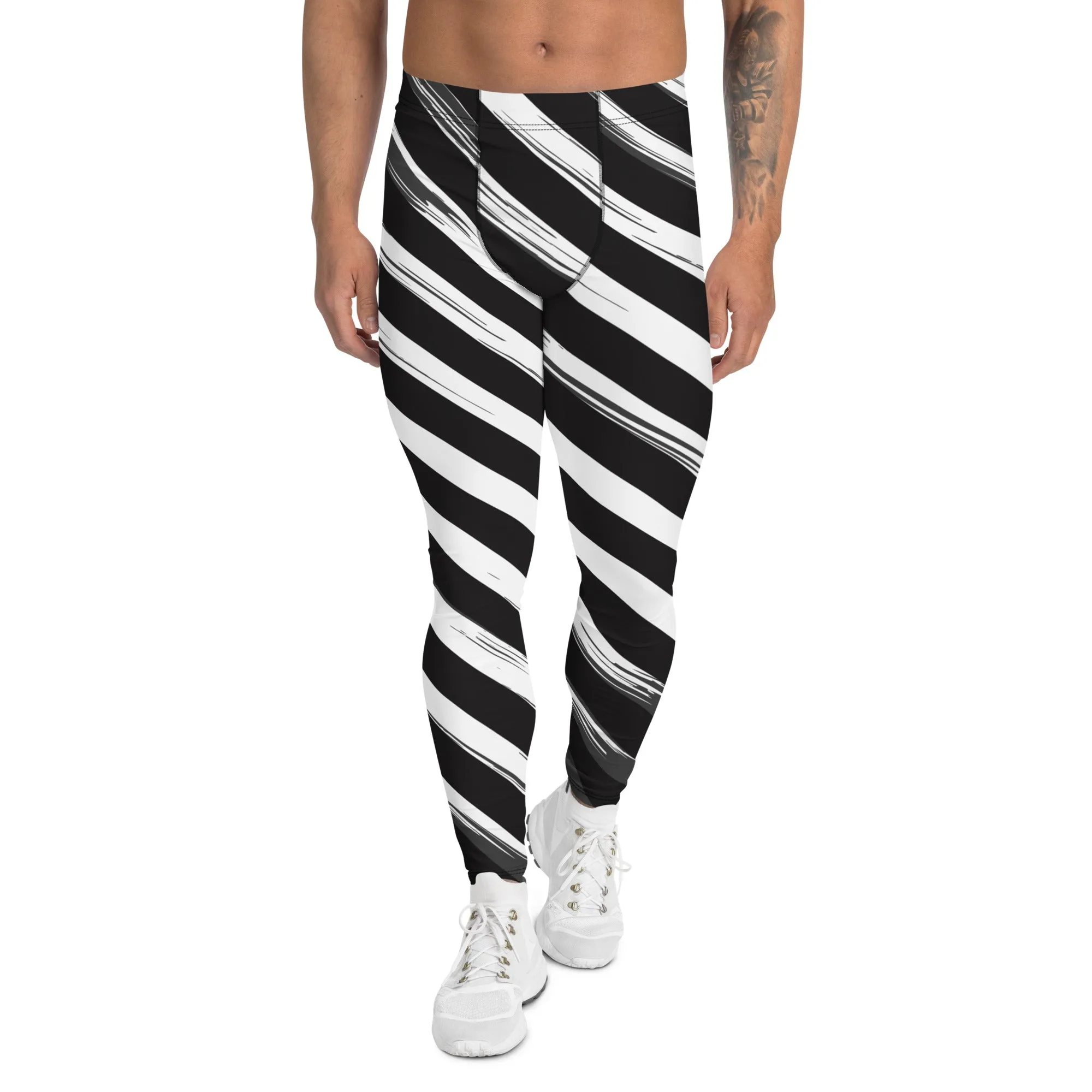 Black Abstract Striped Meggings, Diagonal Stripes Men's Leggings For Men - Made in USA/EU/MX