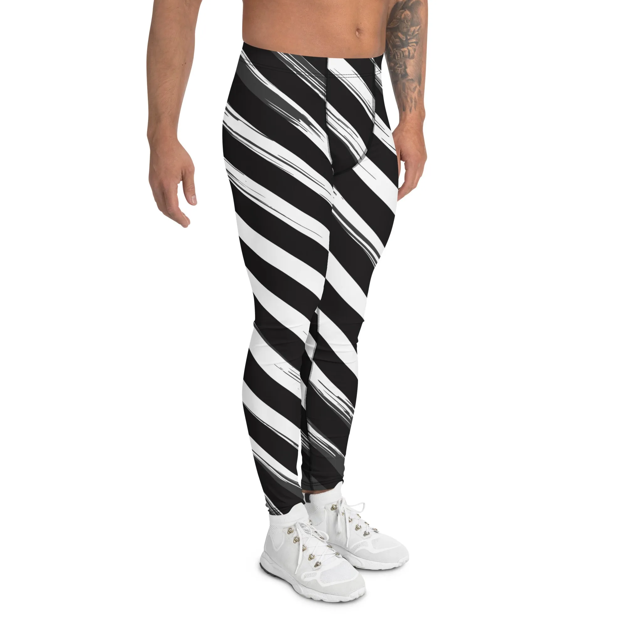 Black Abstract Striped Meggings, Diagonal Stripes Men's Leggings For Men - Made in USA/EU/MX