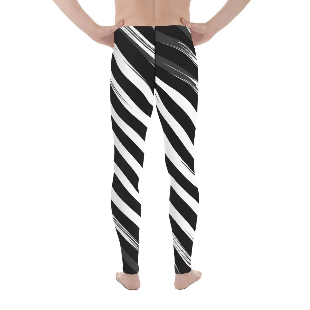 Black Abstract Striped Meggings, Diagonal Stripes Men's Leggings For Men - Made in USA/EU/MX