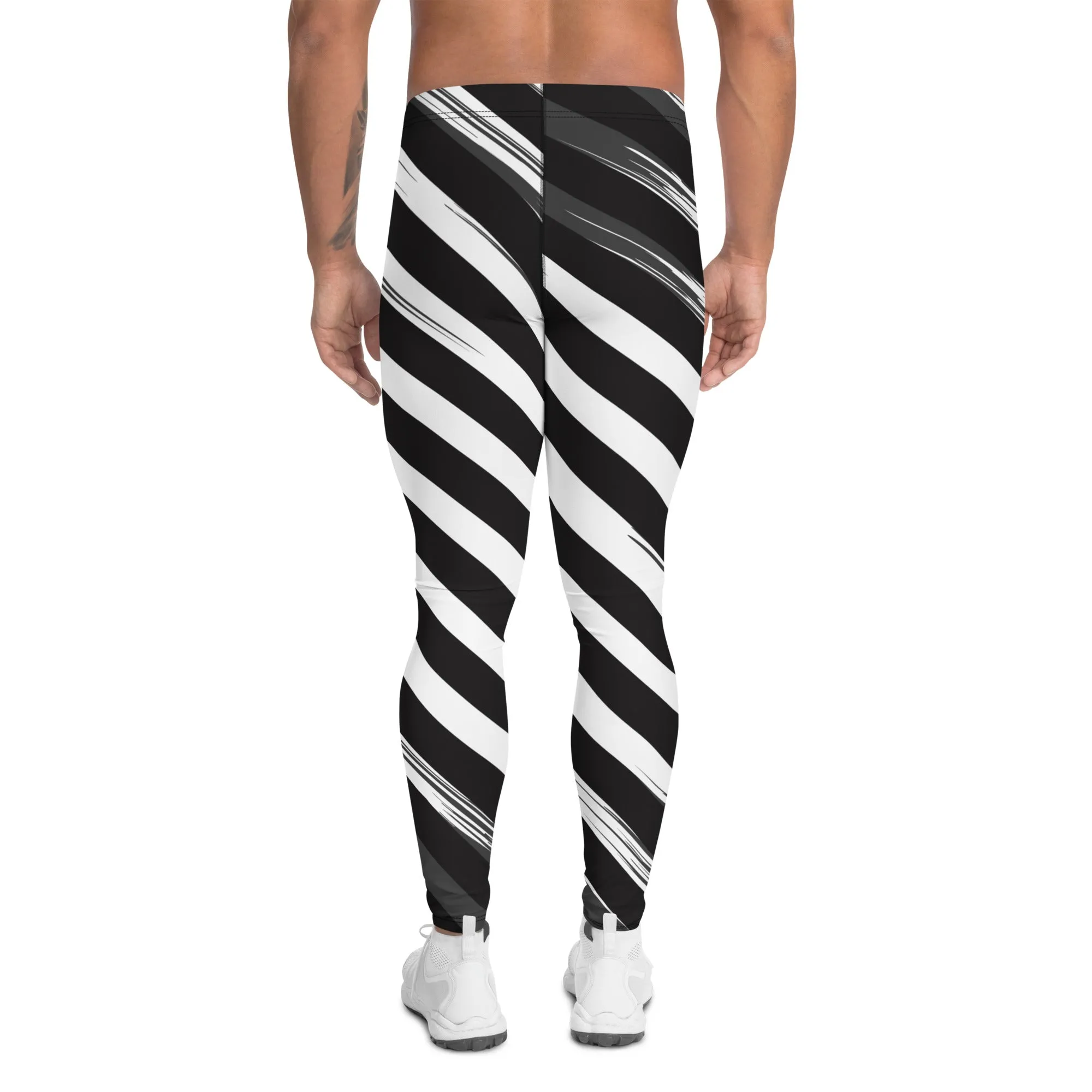 Black Abstract Striped Meggings, Diagonal Stripes Men's Leggings For Men - Made in USA/EU/MX