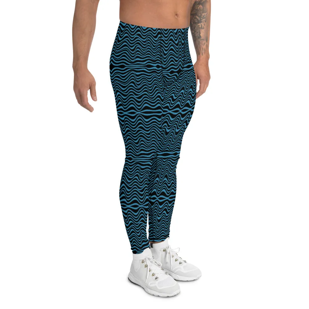 Black Blue Curvy Men's Leggings, Great Retro Style Designer Wave Abstract Pattern Yoga Leggings-Made In USA/EU/MX