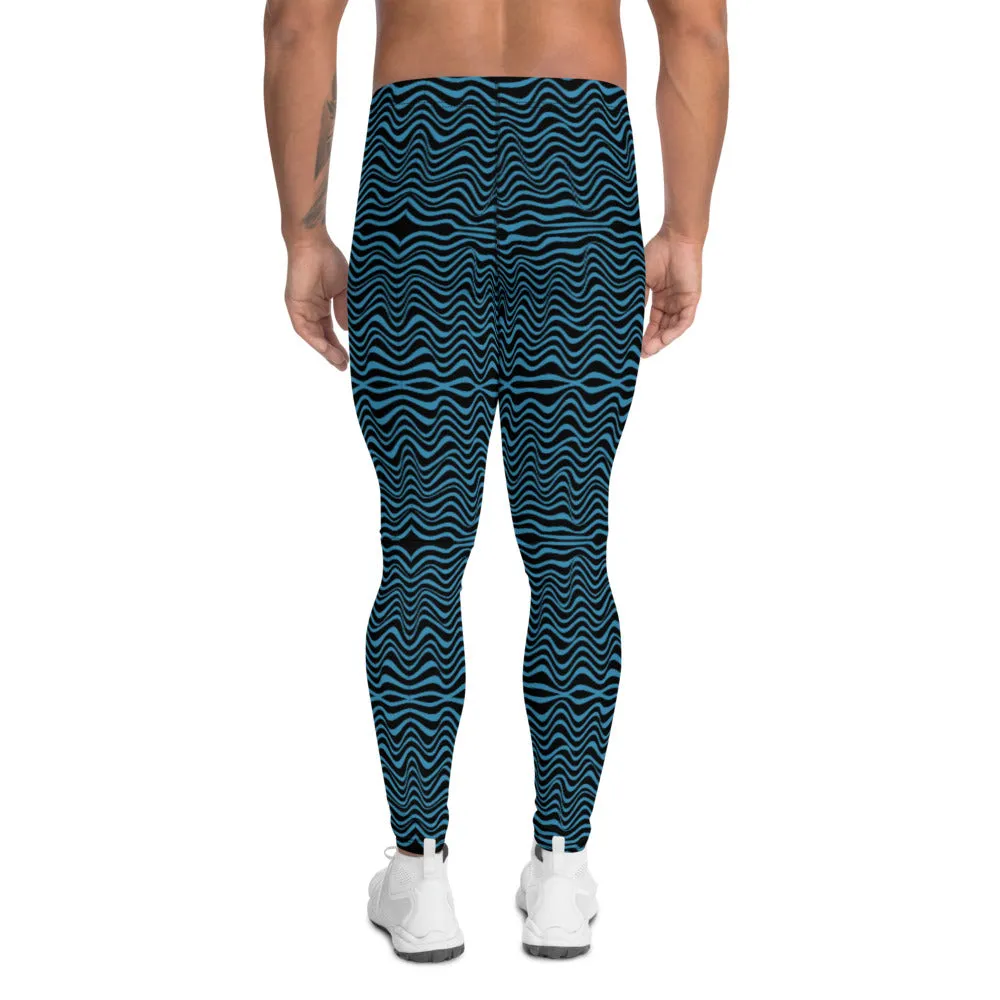 Black Blue Curvy Men's Leggings, Great Retro Style Designer Wave Abstract Pattern Yoga Leggings-Made In USA/EU/MX