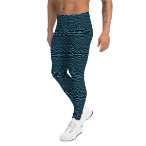 Black Blue Curvy Men's Leggings, Great Retro Style Designer Wave Abstract Pattern Yoga Leggings-Made In USA/EU/MX