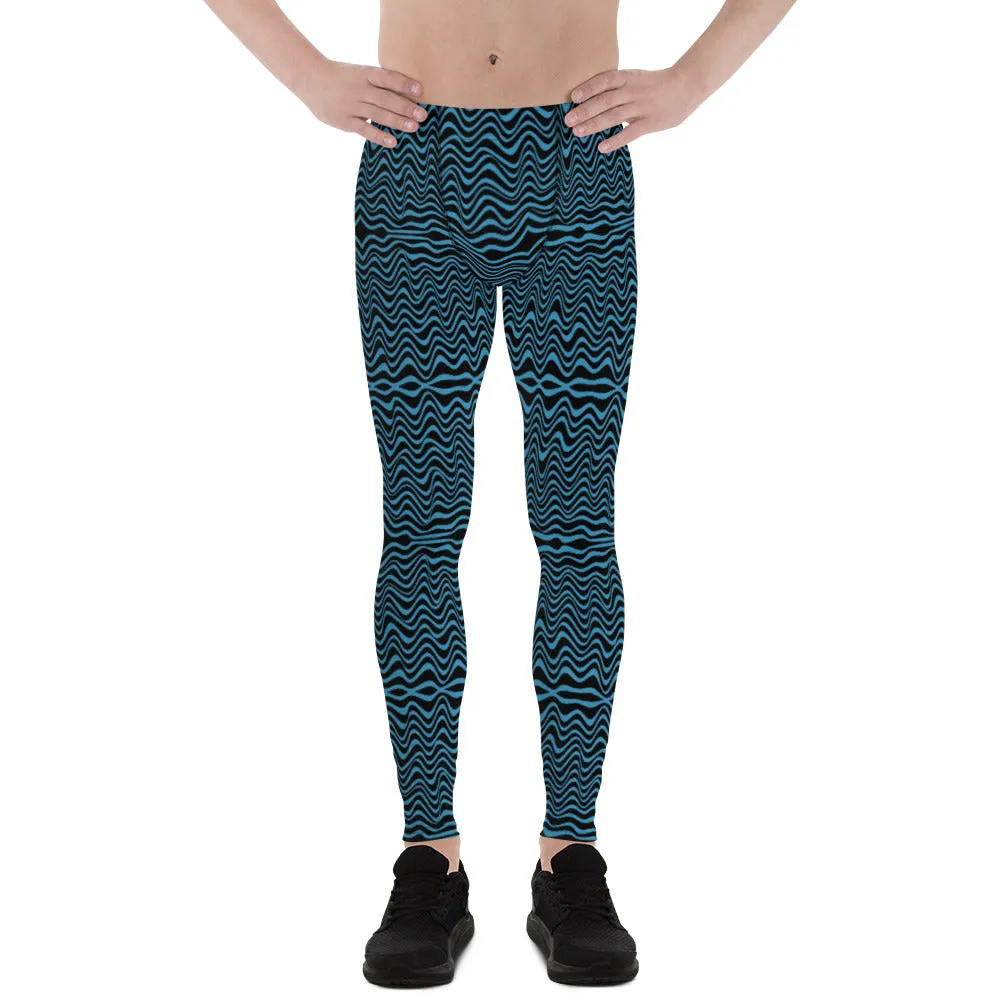 Black Blue Curvy Men's Leggings, Great Retro Style Designer Wave Abstract Pattern Yoga Leggings-Made In USA/EU/MX