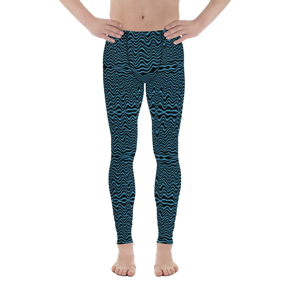 Black Blue Curvy Men's Leggings, Great Retro Style Designer Wave Abstract Pattern Yoga Leggings-Made In USA/EU/MX