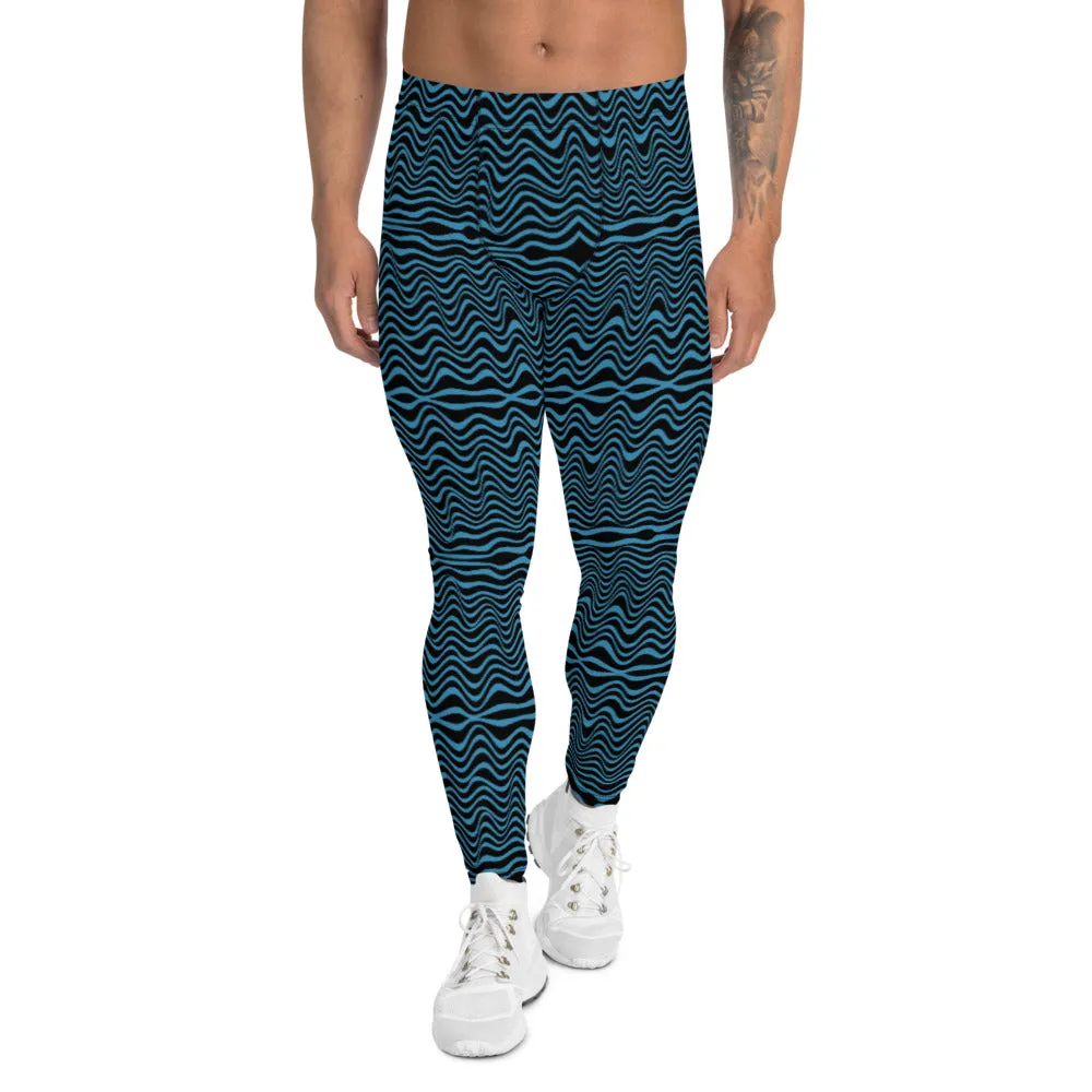 Black Blue Curvy Men's Leggings, Great Retro Style Designer Wave Abstract Pattern Yoga Leggings-Made In USA/EU/MX