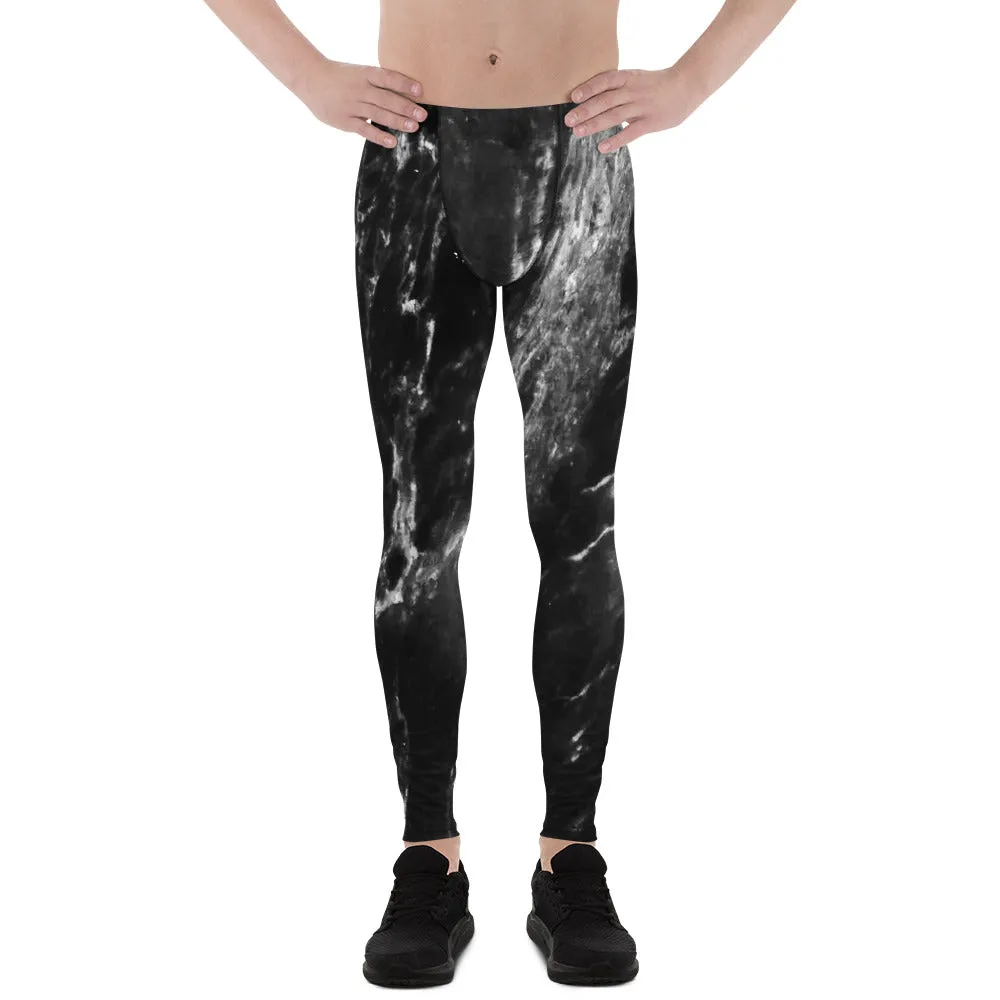 Black Grey Marble Meggings, Marbled Print Best Premium Men's Leggings-Made in USA/EU