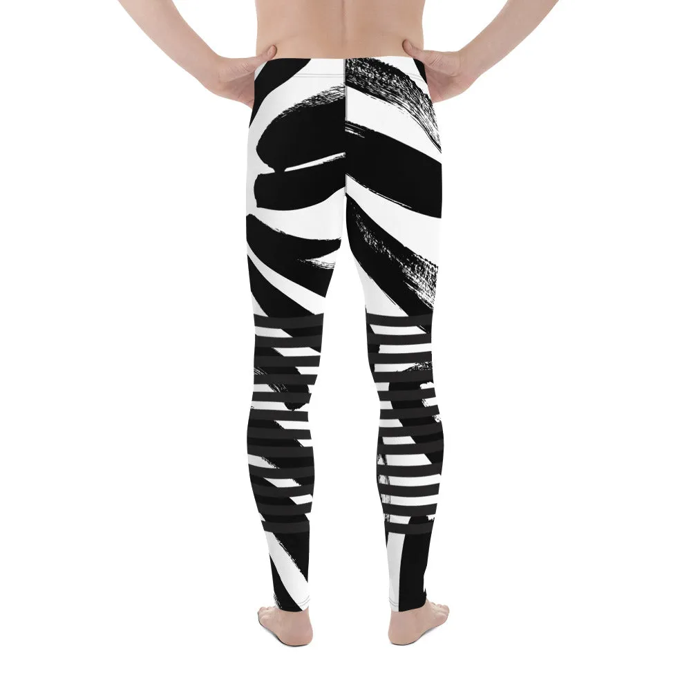 Black Horizontal Striped Meggings, Best Strokes Abstract Men's Leggings For Men - Made in USA/EU/MX