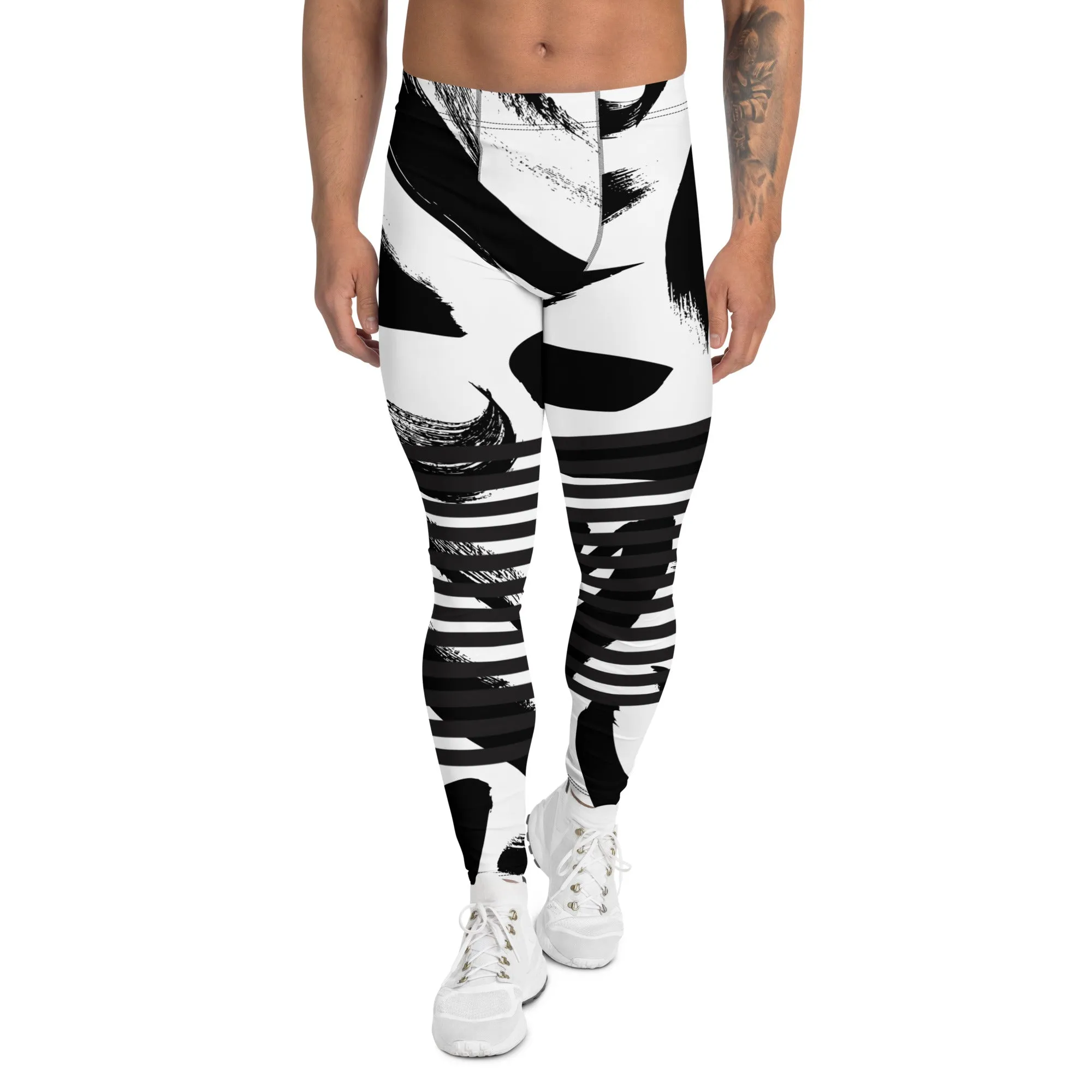 Black Horizontal Striped Meggings, Best Strokes Abstract Men's Leggings For Men - Made in USA/EU/MX