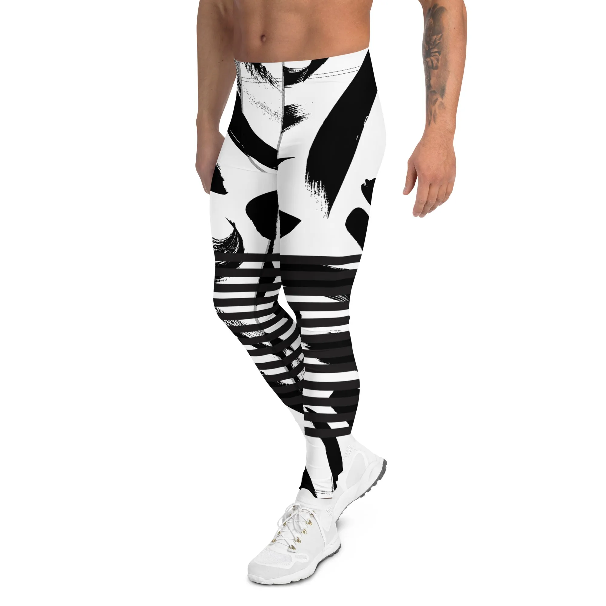 Black Horizontal Striped Meggings, Best Strokes Abstract Men's Leggings For Men - Made in USA/EU/MX