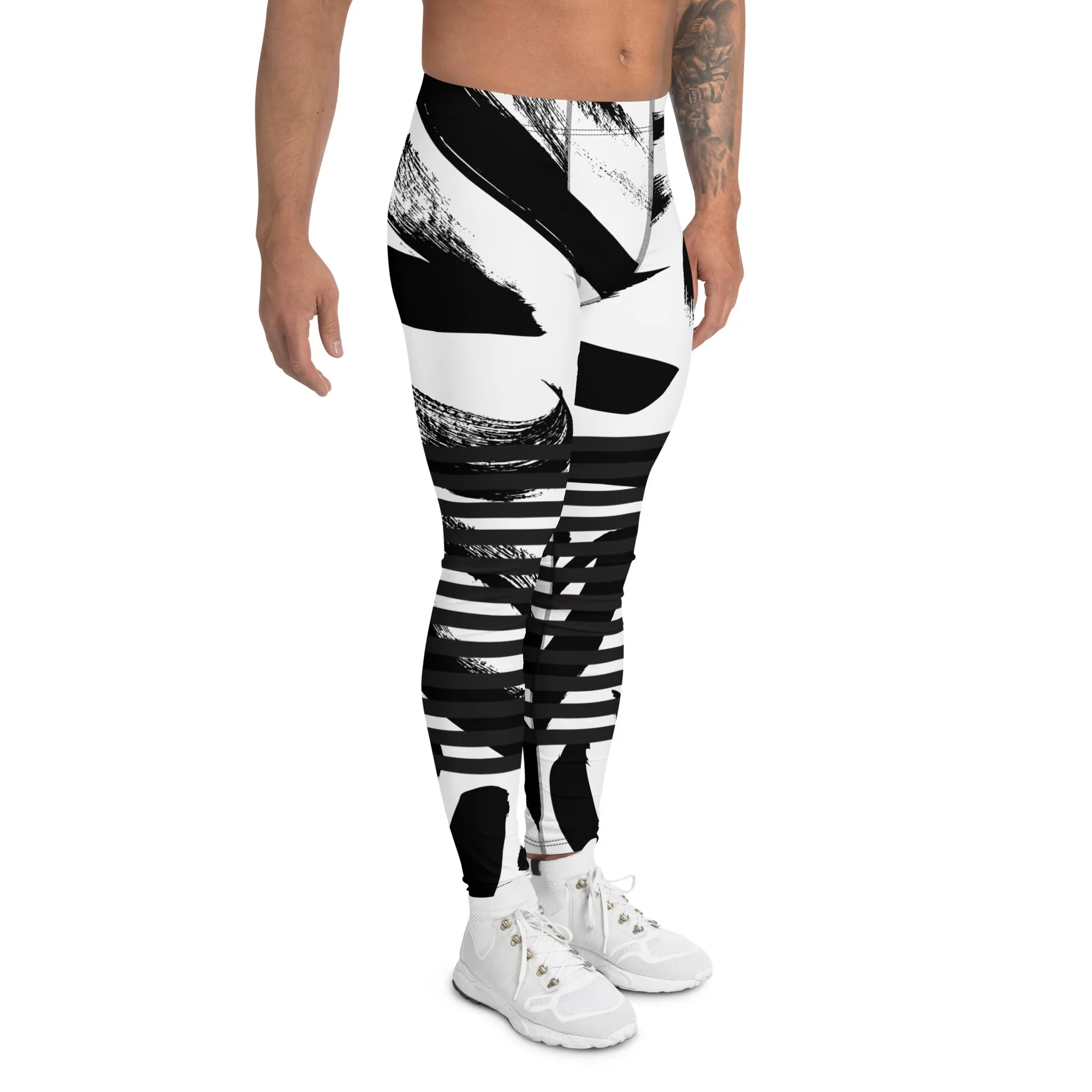 Black Horizontal Striped Meggings, Best Strokes Abstract Men's Leggings For Men - Made in USA/EU/MX