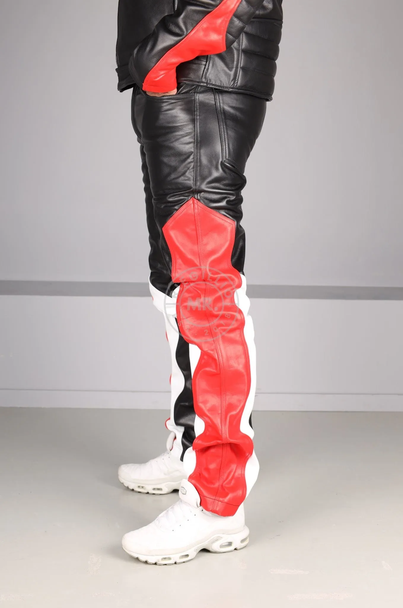 Black Leather 5 Pocket Pants - Red & White Panels