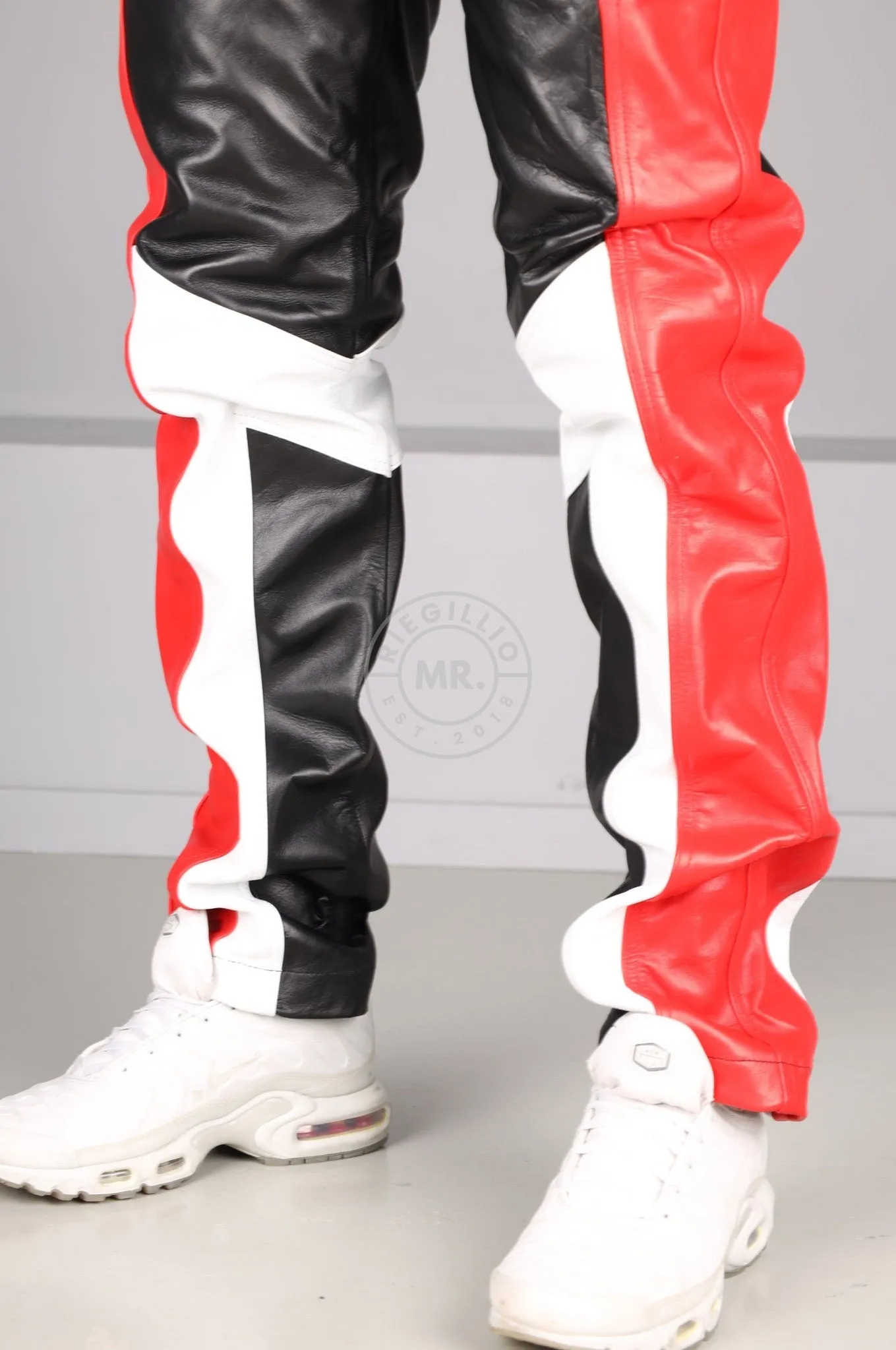 Black Leather 5 Pocket Pants - Red & White Panels