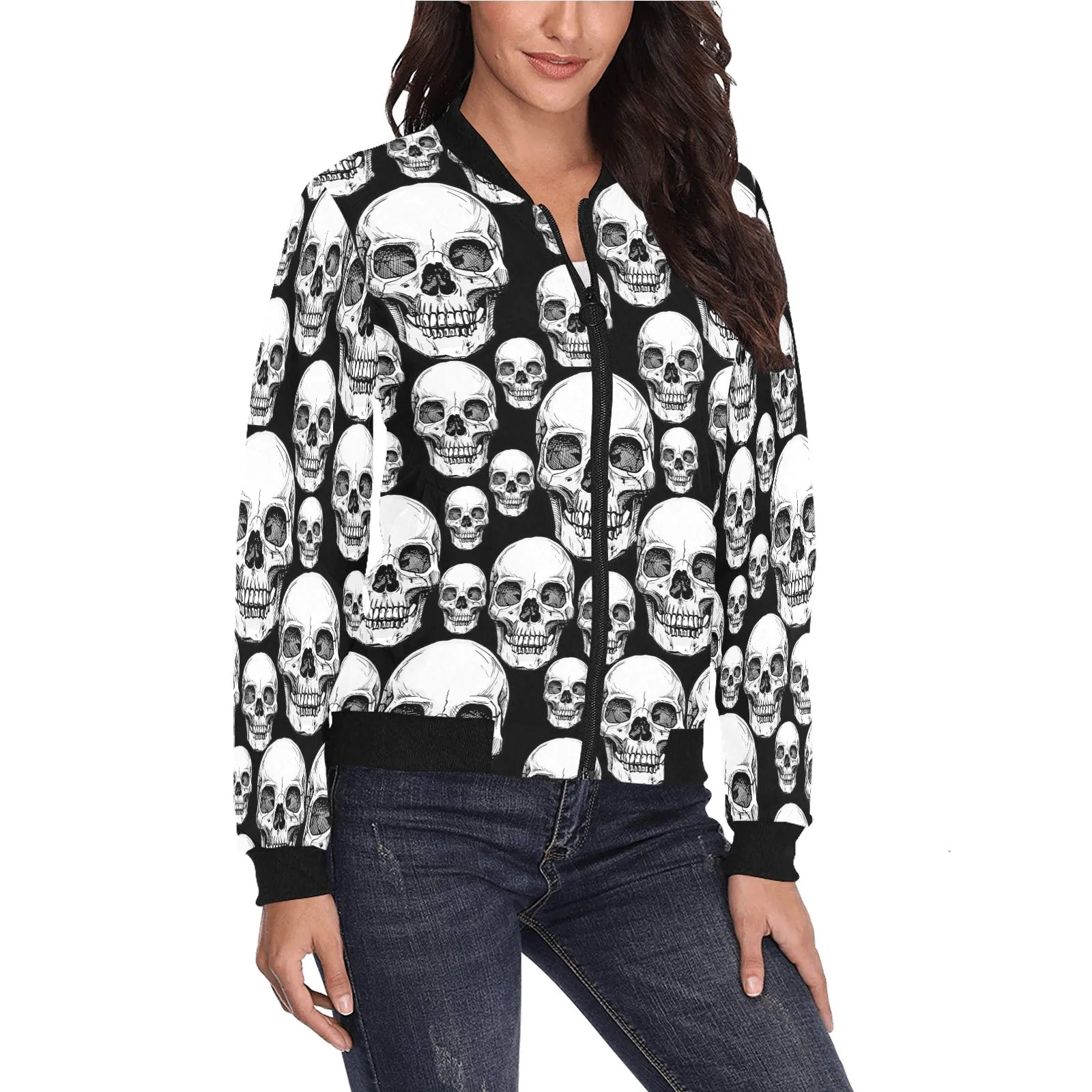 black skull nation print All Over Print Bomber Jacket for Women (Model H36)