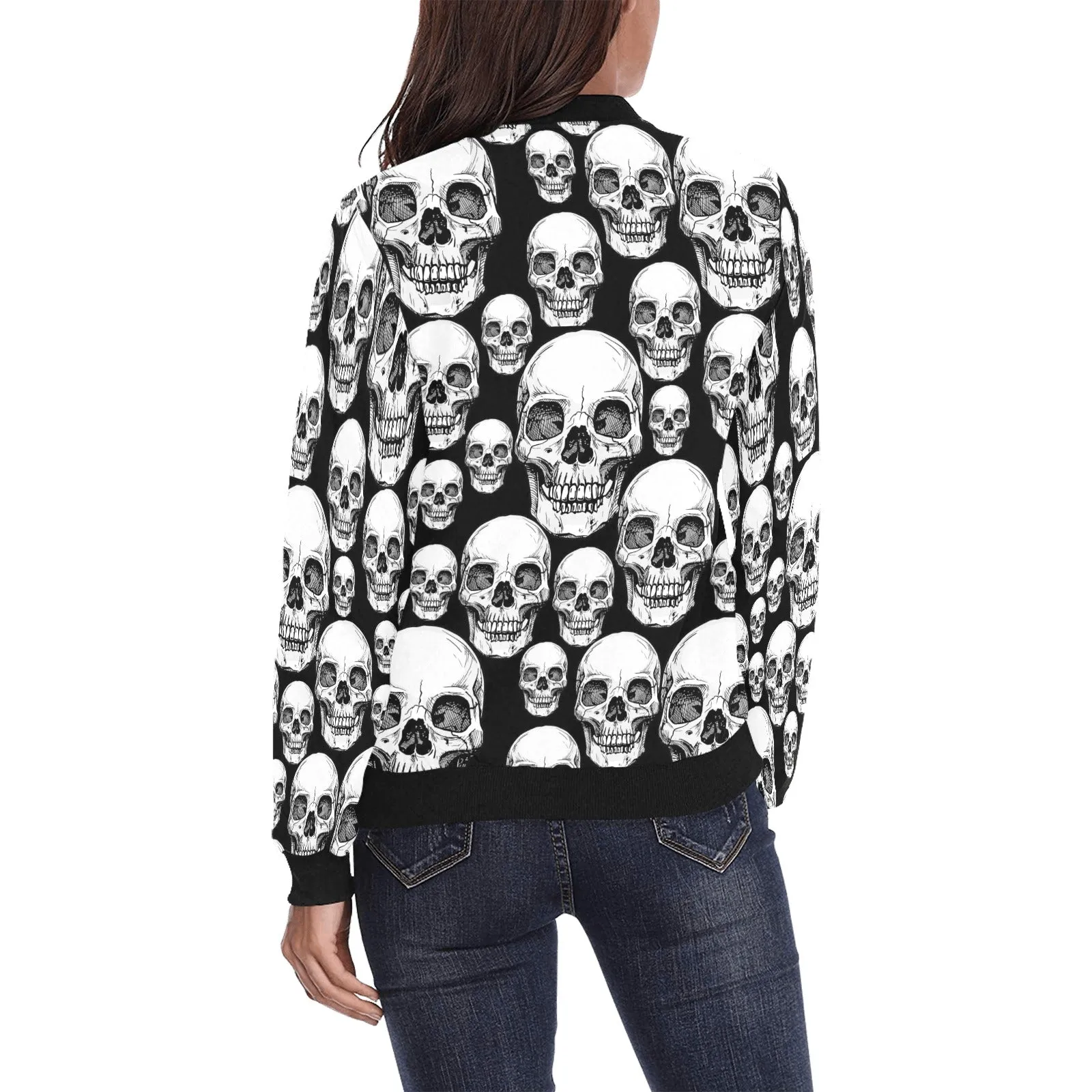 black skull nation print All Over Print Bomber Jacket for Women (Model H36)