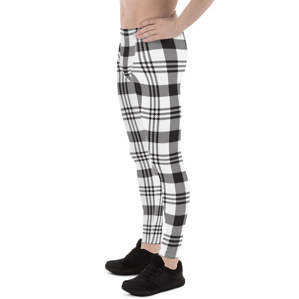 Black White Plaid Print Meggings, Plaid Print Classic Designer Men's Leggings - Made in USA/EU/MX