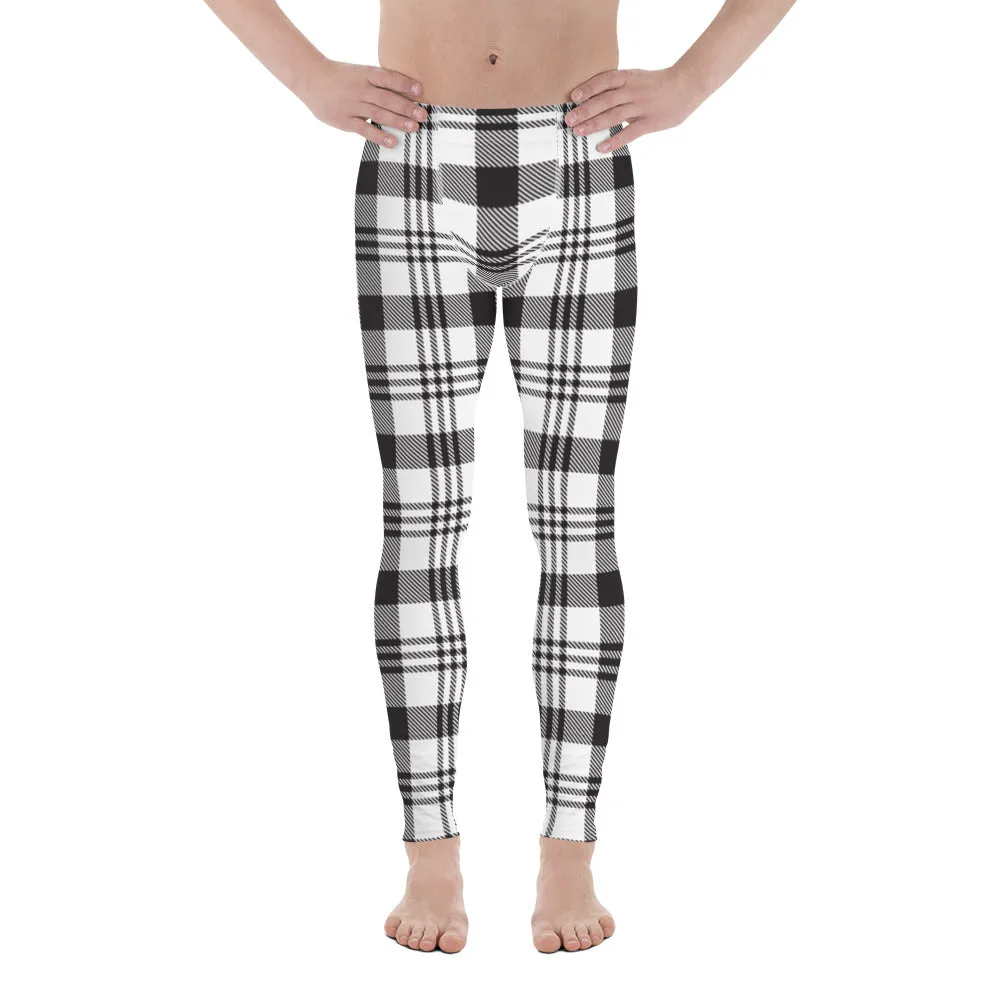 Black White Plaid Print Meggings, Plaid Print Classic Designer Men's Leggings - Made in USA/EU/MX