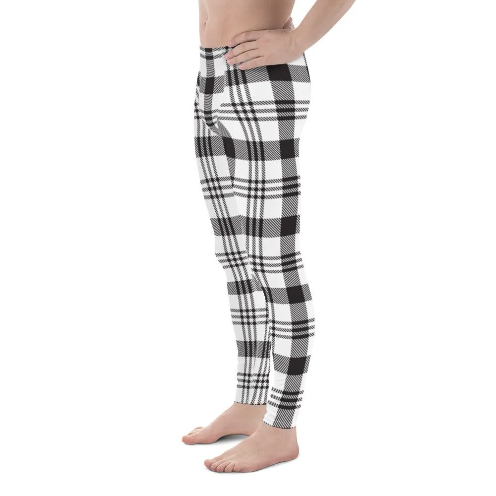 Black White Plaid Print Meggings, Plaid Print Classic Designer Men's Leggings - Made in USA/EU/MX