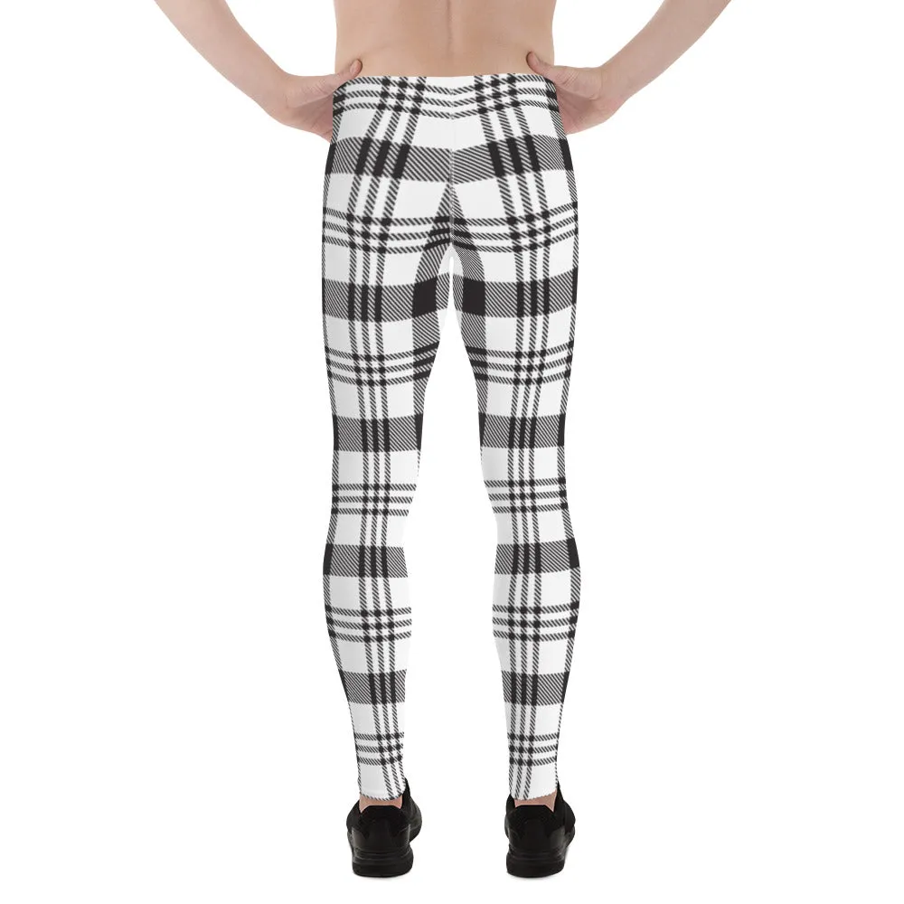 Black White Plaid Print Meggings, Plaid Print Classic Designer Men's Leggings - Made in USA/EU/MX