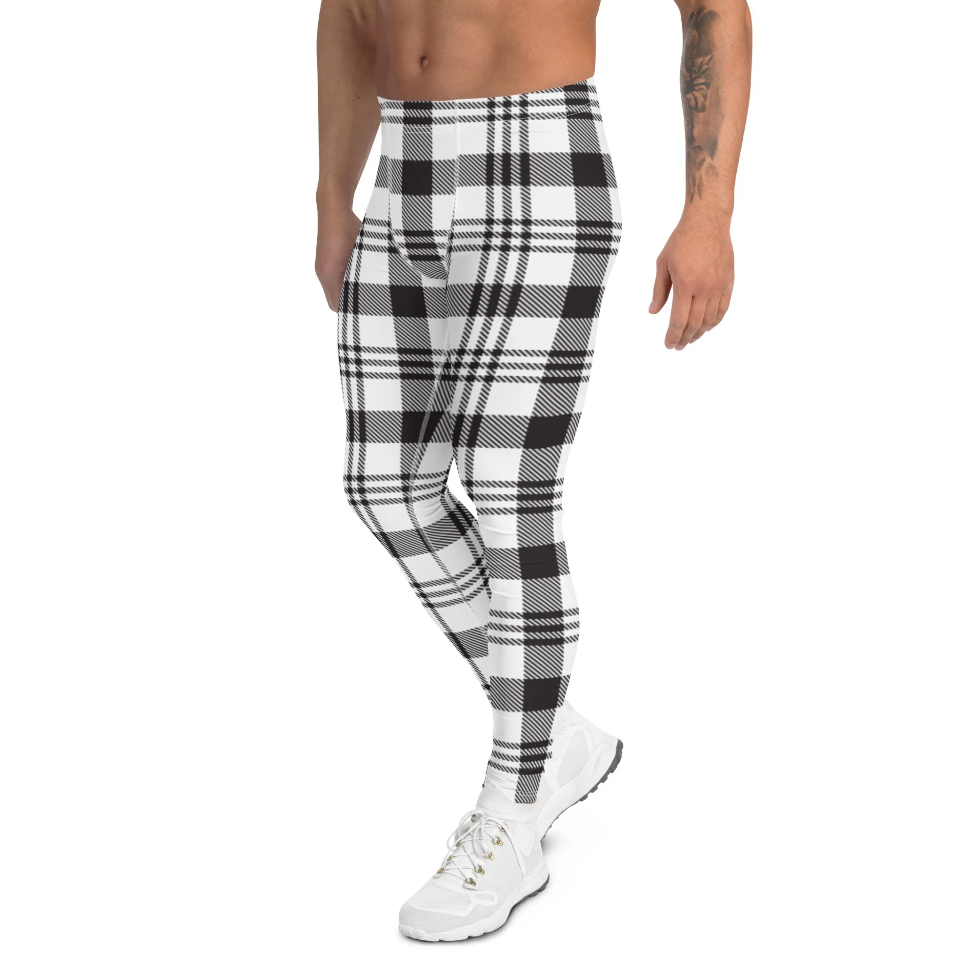 Black White Plaid Print Meggings, Plaid Print Classic Designer Men's Leggings - Made in USA/EU/MX