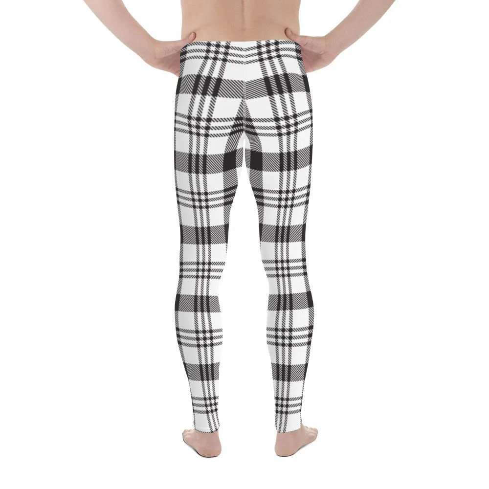 Black White Plaid Print Meggings, Plaid Print Classic Designer Men's Leggings - Made in USA/EU/MX