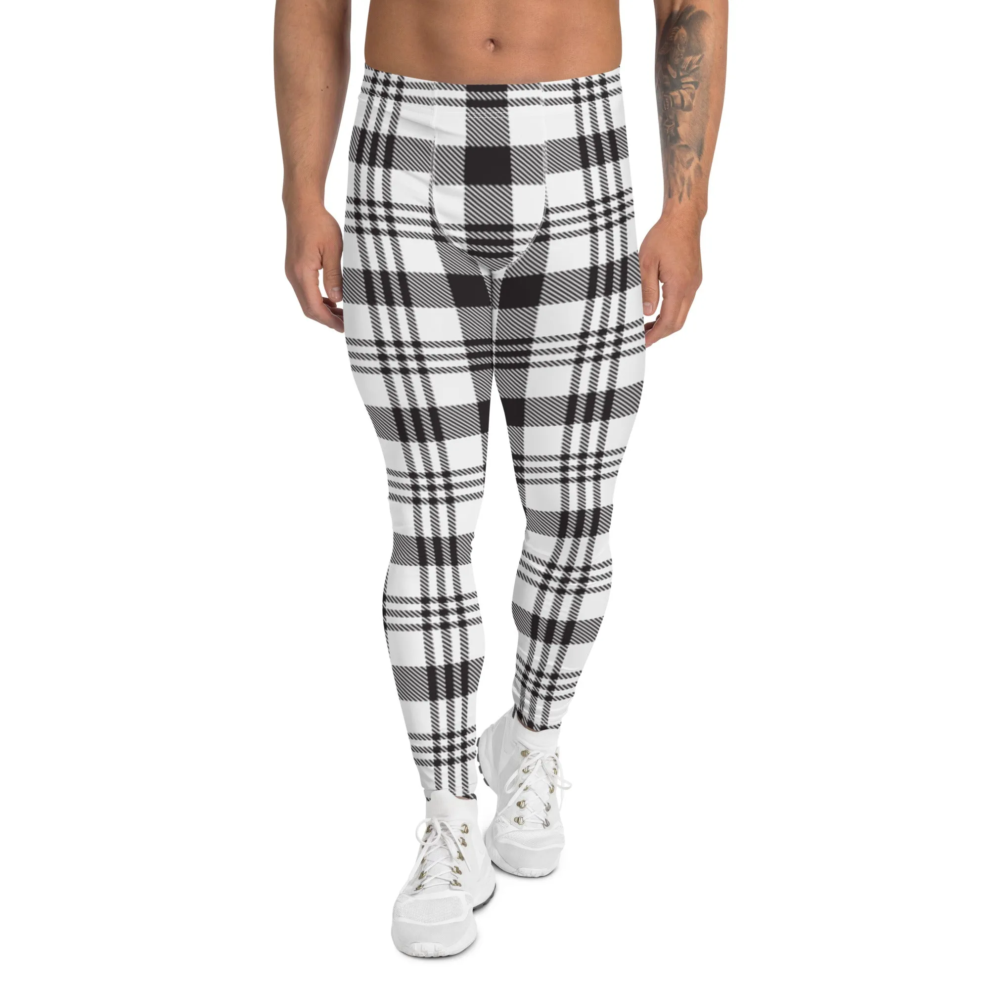 Black White Plaid Print Meggings, Plaid Print Classic Designer Men's Leggings - Made in USA/EU/MX