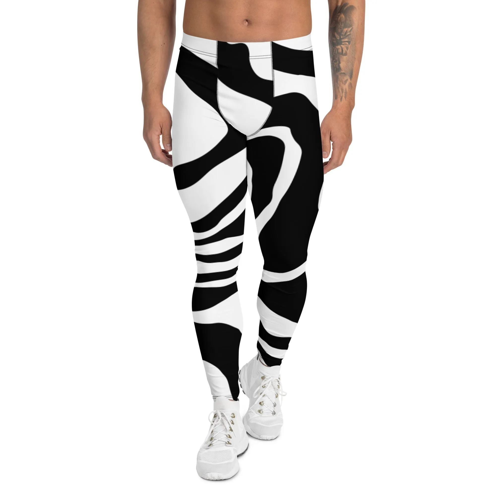 Black White Swirl Meggings, Best Black and White Marble Print Signature Men's Leggings-Made in USA/EU/MX