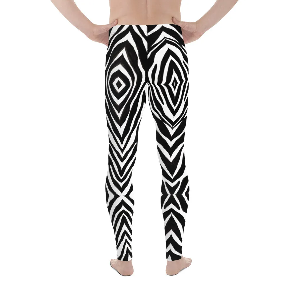 Black Zebra Print Men's Leggings, Zebra Striped Print Designer Running Compression Tights For Men - Made in USA/EU/MX