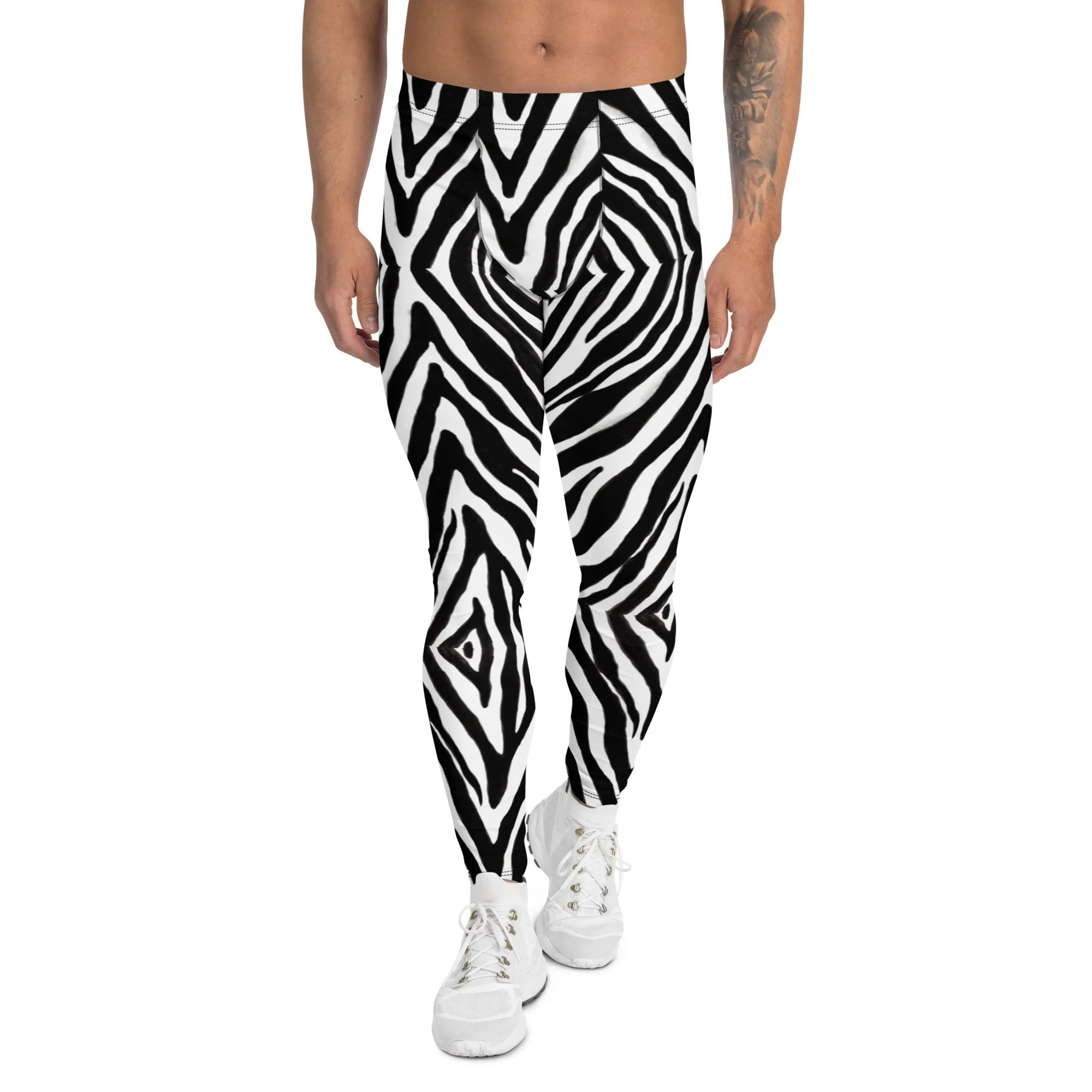 Black Zebra Print Men's Leggings, Zebra Striped Print Designer Running Compression Tights For Men - Made in USA/EU/MX