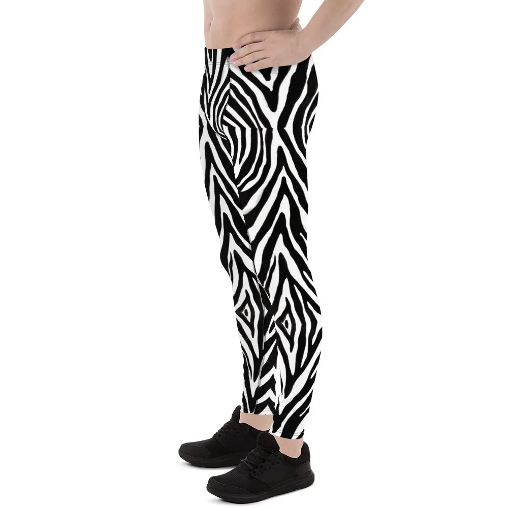 Black Zebra Print Men's Leggings, Zebra Striped Print Designer Running Compression Tights For Men - Made in USA/EU/MX