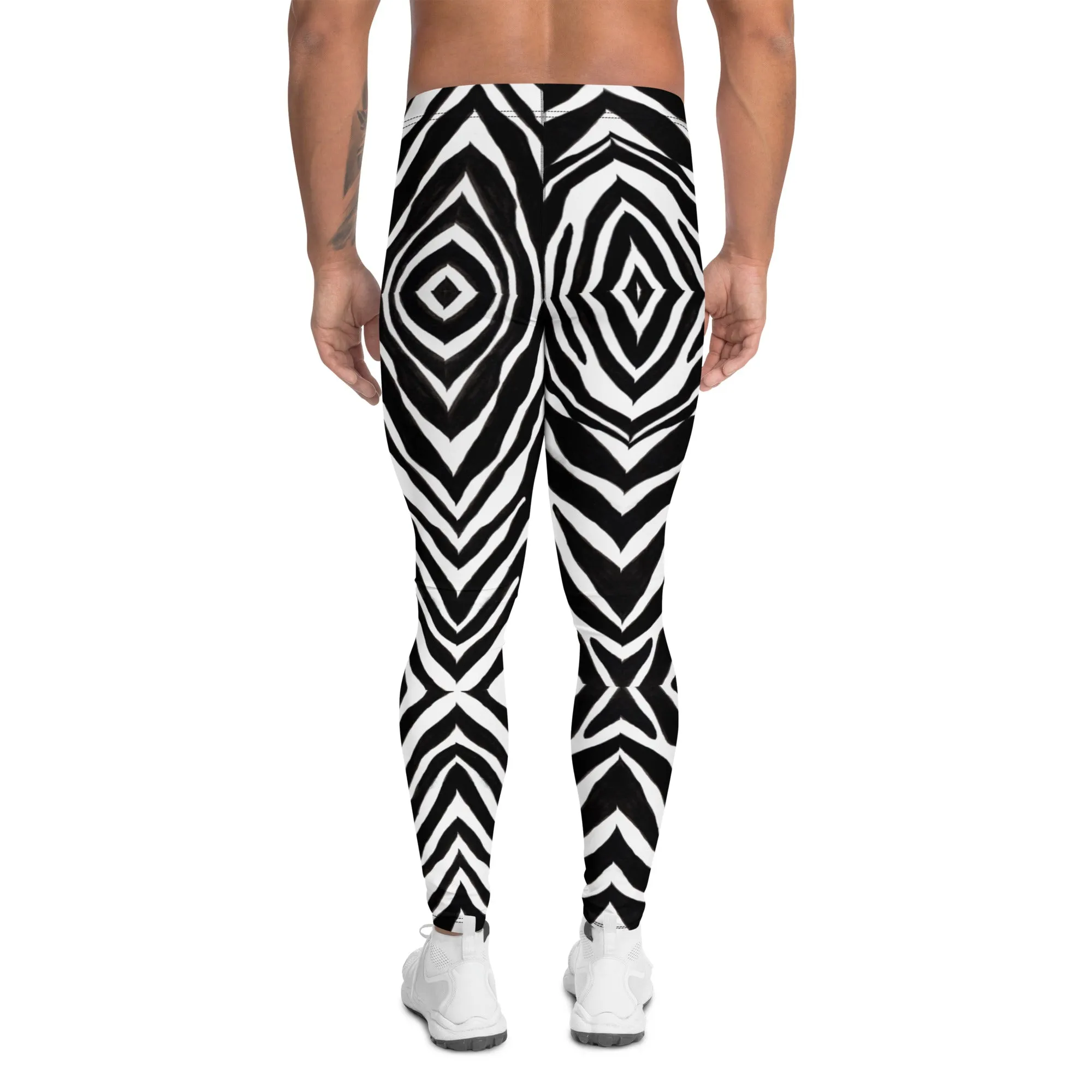 Black Zebra Print Men's Leggings, Zebra Striped Print Designer Running Compression Tights For Men - Made in USA/EU/MX