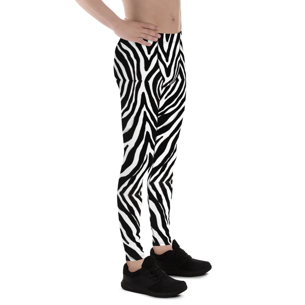 Black Zebra Print Men's Leggings, Zebra Striped Print Designer Running Compression Tights For Men - Made in USA/EU/MX