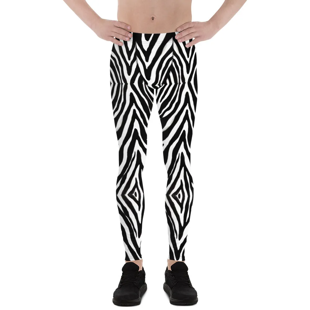 Black Zebra Print Men's Leggings, Zebra Striped Print Designer Running Compression Tights For Men - Made in USA/EU/MX