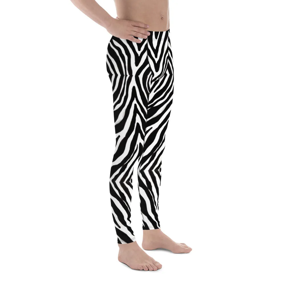 Black Zebra Print Men's Leggings, Zebra Striped Print Designer Running Compression Tights For Men - Made in USA/EU/MX