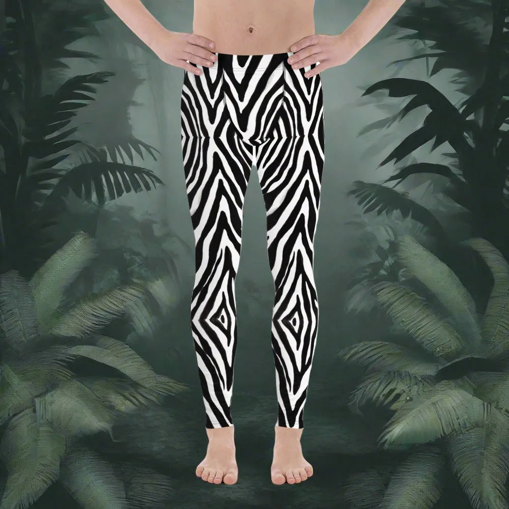 Black Zebra Print Men's Leggings, Zebra Striped Print Designer Running Compression Tights For Men - Made in USA/EU/MX