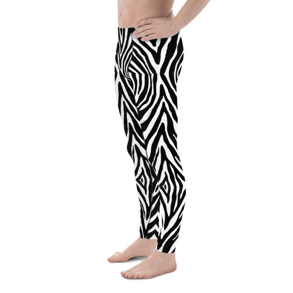 Black Zebra Print Men's Leggings, Zebra Striped Print Designer Running Compression Tights For Men - Made in USA/EU/MX