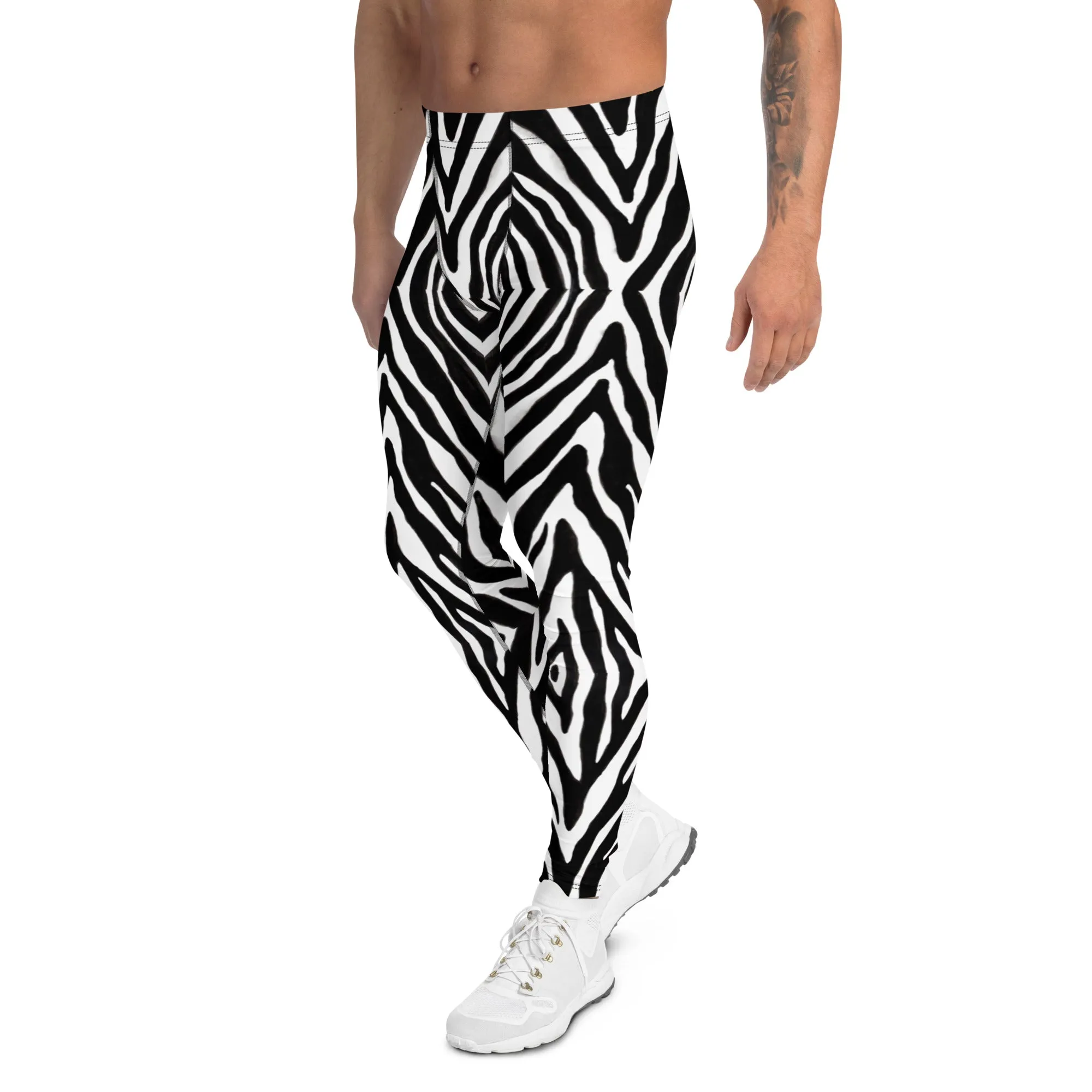 Black Zebra Print Men's Leggings, Zebra Striped Print Designer Running Compression Tights For Men - Made in USA/EU/MX